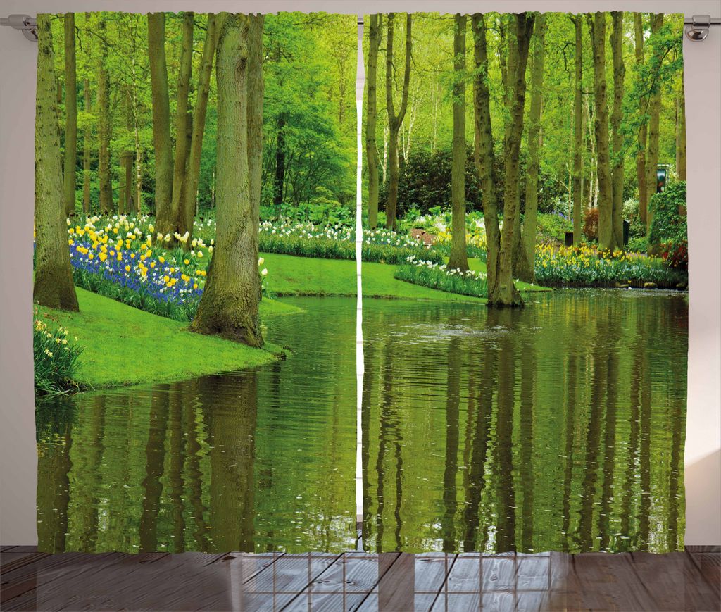 ABAKUHAUS Natur Rustikaler Gardine, Wald mit Botaniksee, Schlafzimmer Kräuselband Vorhang mit Schlaufen und Haken, 280 x 225 cm, Lindgrün und