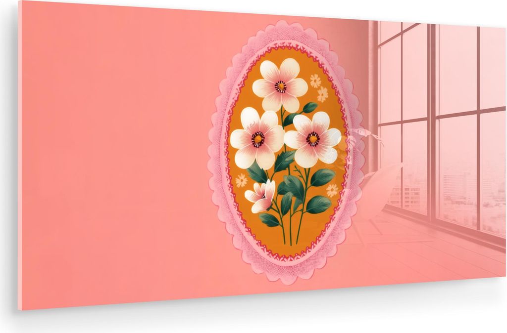 MuchoWow Glasbilder - Bilder auf Wandbild - Foto auf Glas Illustration - Blumen - Bordüre - Rosa 40x20 cm Wanddekoration aus Glas - Acrylglasbild ...