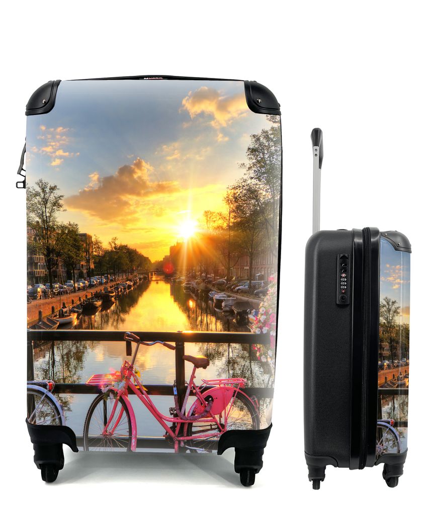 MuchoWow Koffer Handgepäck Trolley Rollkoffer Kleine Reisekoffer mit 4 Rollen - Amsterdam - Blumen - Brücke - Fahrrad - Sonnenuntergang - Cabin...