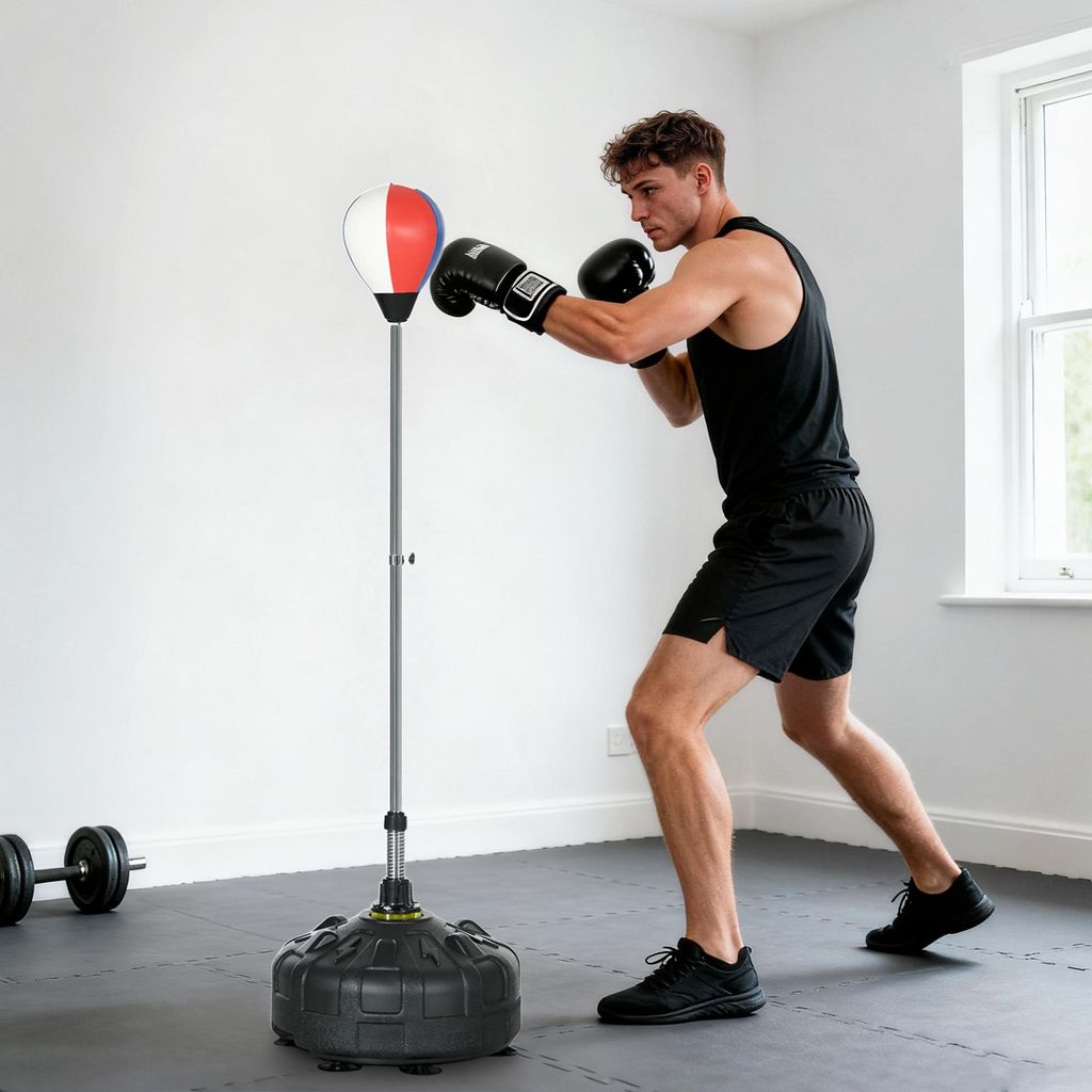 Punchingball höhenverstellbar, Standboxsack, Reflexball, befüllbarer Standfuß, Kunstleder, Rot-Schwarz | 147–165 cm | Ø25 cm Schlagbirne | St...