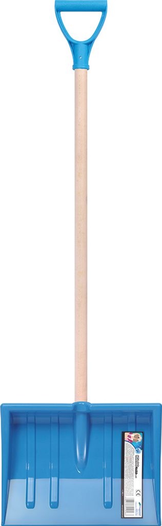 A blue snow shovel with a wooden handle is shown against a white background.
