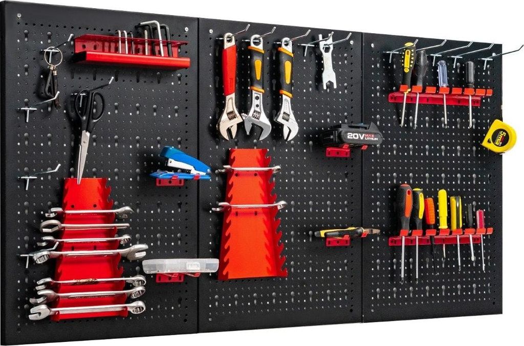 Werkzeugwand mit 25 hängende Zubehörteile Lagersystem Werkzeughaltersortiment 3 Lochplatten 120 x 60 cm