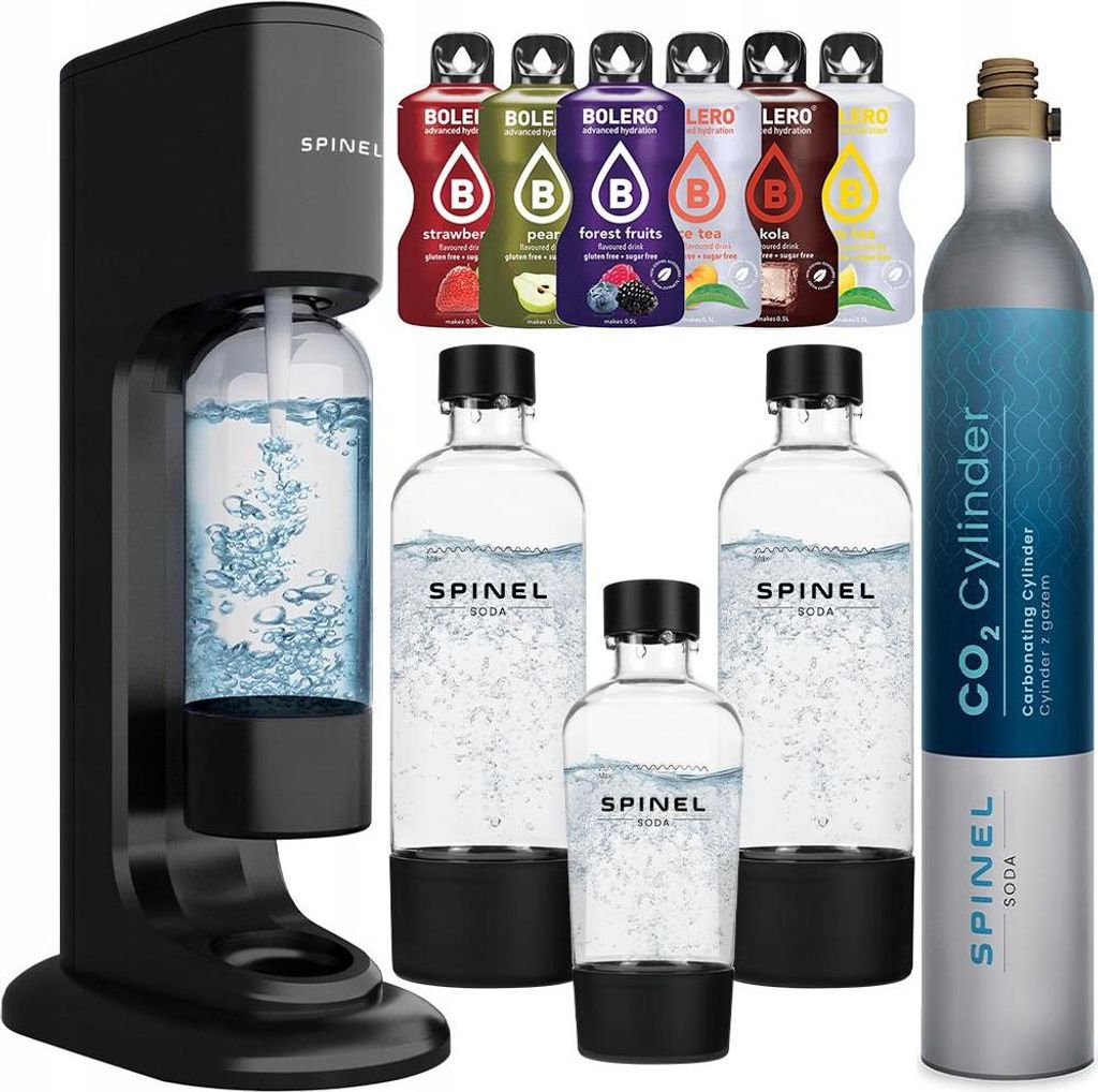 A product shot of a SpinelSoda water carbonator with accessories and flavorings.