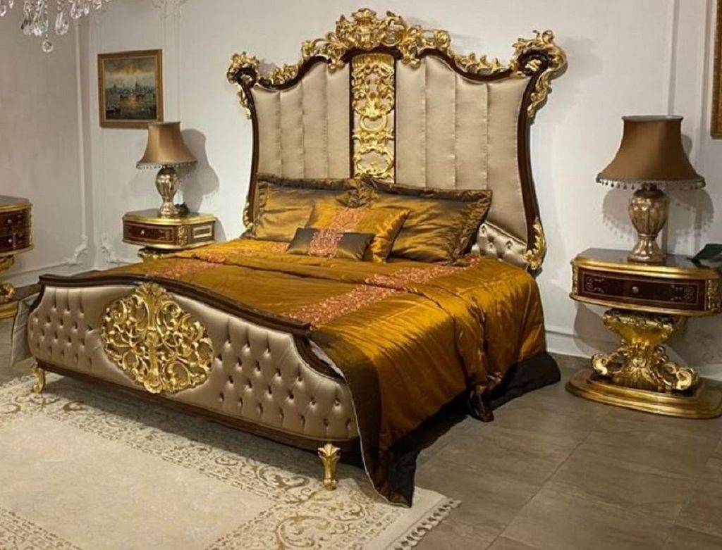 Casa Padrino Luxus Barock Schlafzimmer Set Silber / Dunkelbraun / Gold - 1 Doppelbett mit Kopfteil & 2 Nachtkommoden - Hochwertige Schlafzimmer Mö...