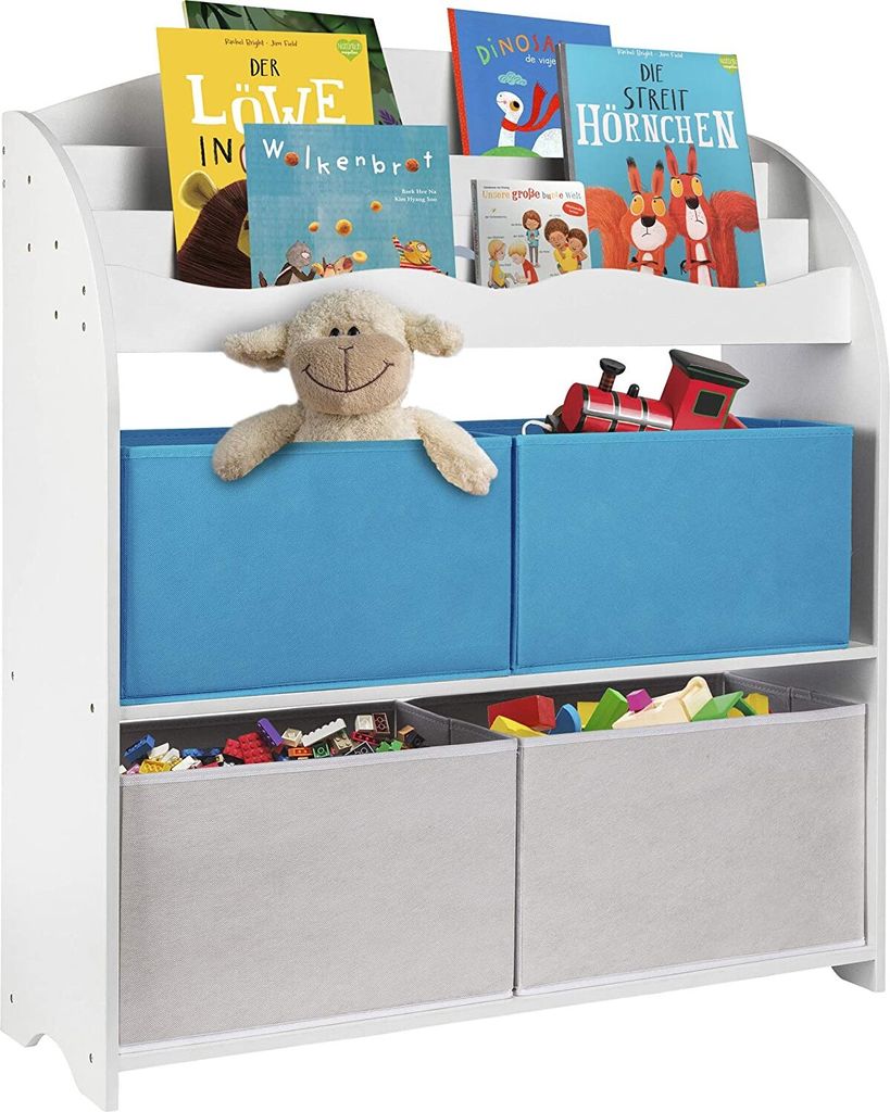 ONVAYA Kinder Bücherregal Finn | Weiß / Blau | Kinderregal mit Boxen | Aufbewahrung von Büchern und Spielzeug | Organizer für Kinderzimmer
