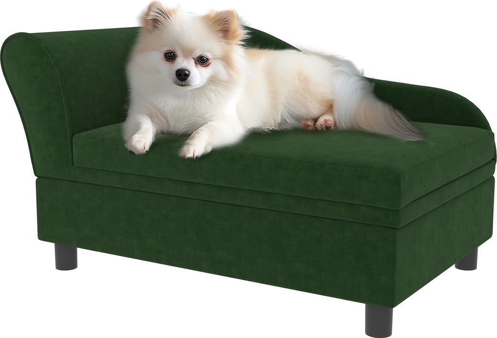 PawHut Hunde-/Katzensofa auf Beinen mit Aufbewahrungstruhe, modernes Design, abnehmbares Sitzkissen, hoher Komfort, 76 x 45 x 43 cm, Grün