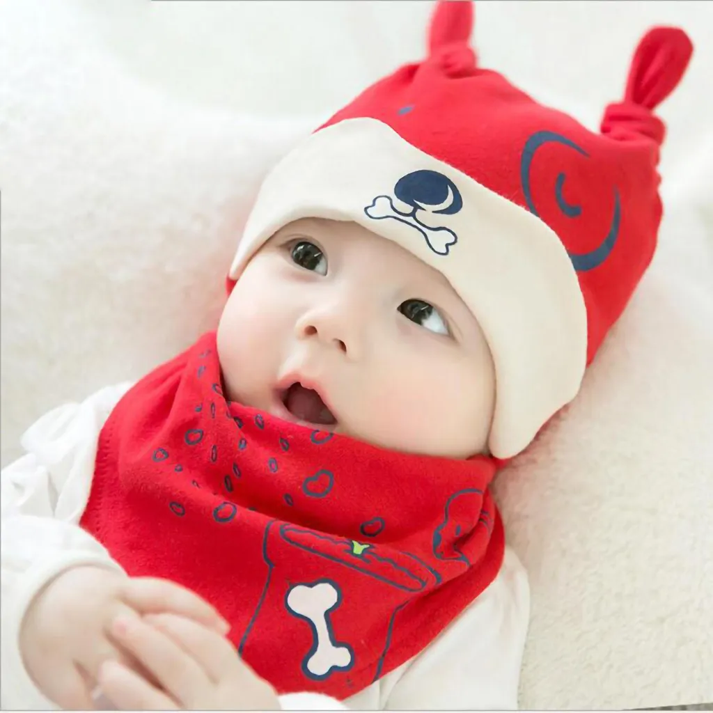 Set rosso per cappello da neonato, sciarpa, scaldino, copriorecchie, cotone, cappuccio di piume, cappello autunnale per 3-6 mesi, bambini e bambine