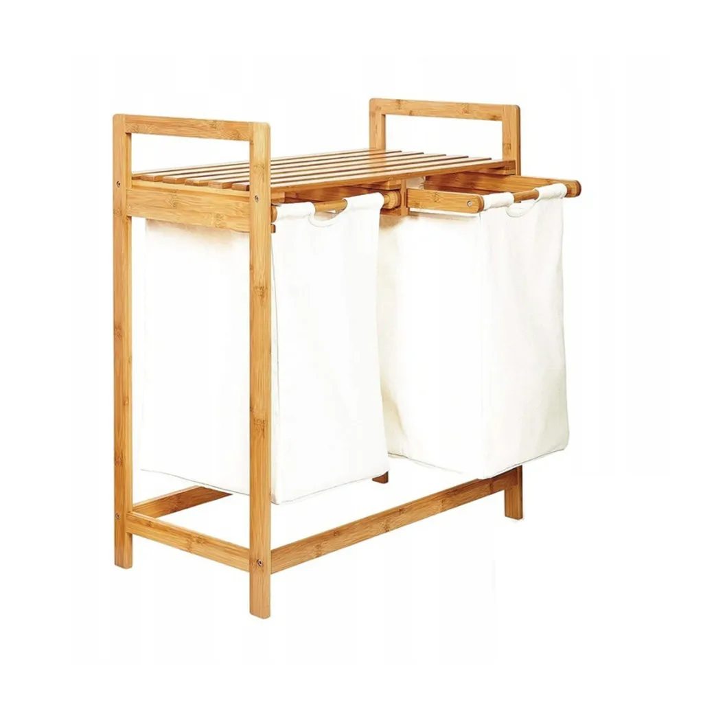 Panier à linge bambou blanc 73x64x33 cm avec étagère de rangement bois
