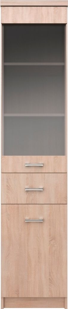 A tall, narrow cabinet with glass doors on top and drawers/cabinet doors below, shown against a white background.