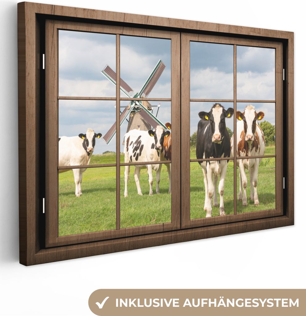 OneMillionCanvasses - Leinwandbilder - 150x100 cm, Ansicht - Mühle - Kuh, Wandbilder Kunstdruck Wanddekoration