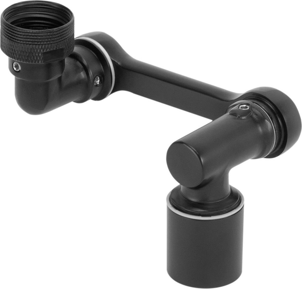 A black metal faucet extension arm with multiple joints.