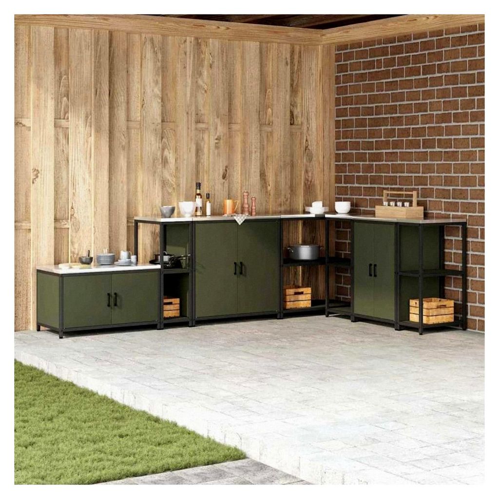 Modulares Aufbewahrungsregal für die Küche, Olivgrün, mit robuster Stahlstruktur und modernem Design zur Organisation im Zuhause und Büro