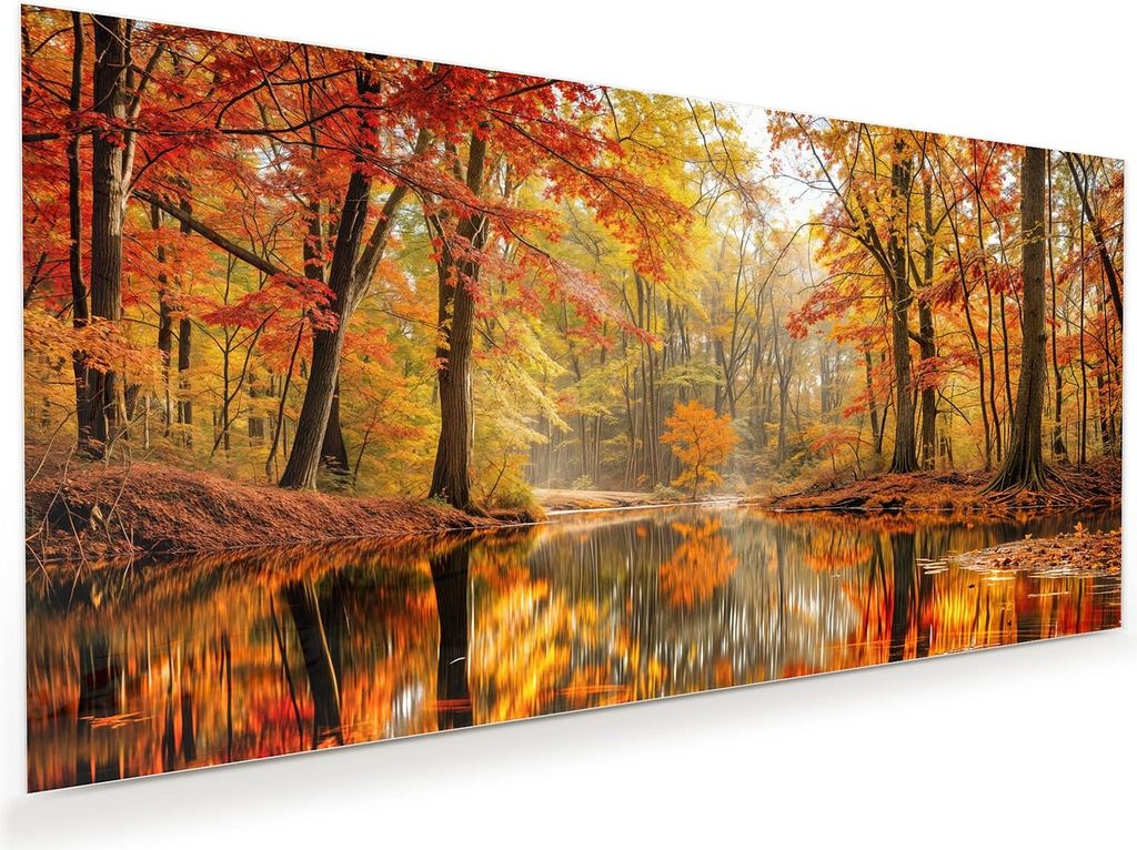 Glasbild 120x60cm in XXL für Wohnzimmer, Schlafzimmer Motiv Herbstwald am See