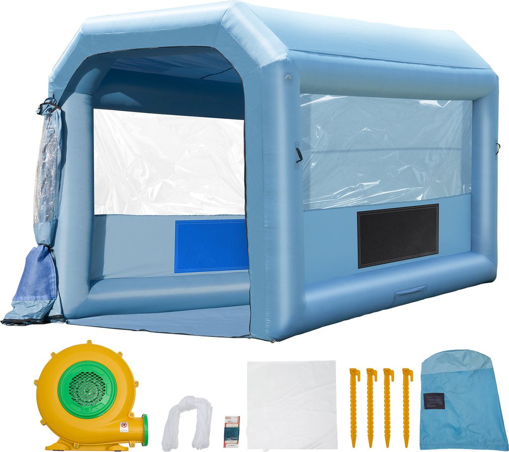 An inflatable spray booth and its accessories are displayed against a white background.
