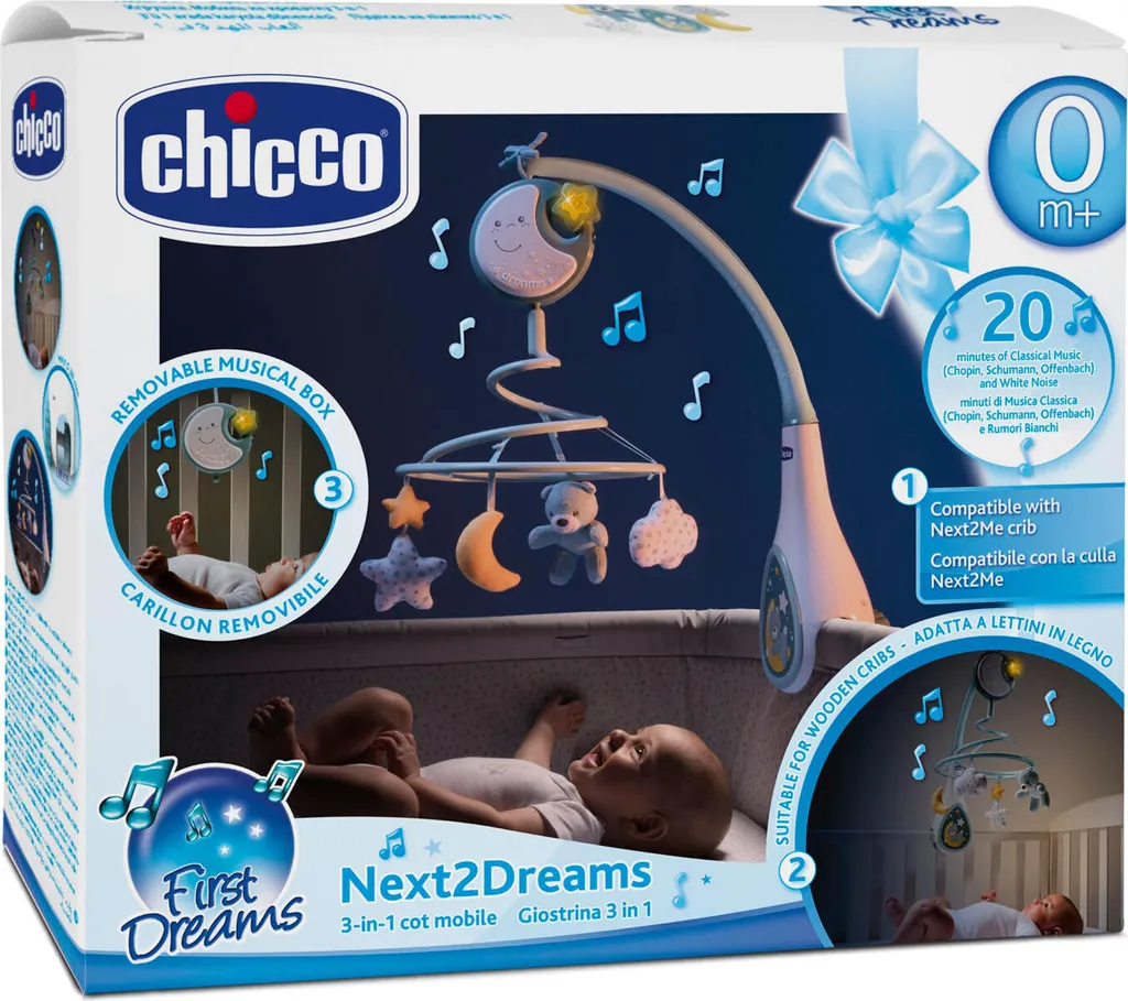 Chicco Next2Dreams bleu mobile 3-en-1 avec bruits blancs et veilleuse