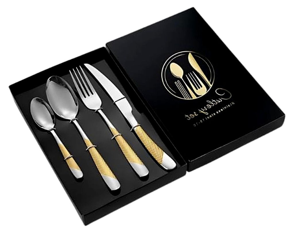 Edelstahl-Besteckset, 4-teilig in Gold-Silber – elegantes Besteck für den täglichen Gebrauch, Gabel, Messer, Löffel und Teelöffel, geeignet f...