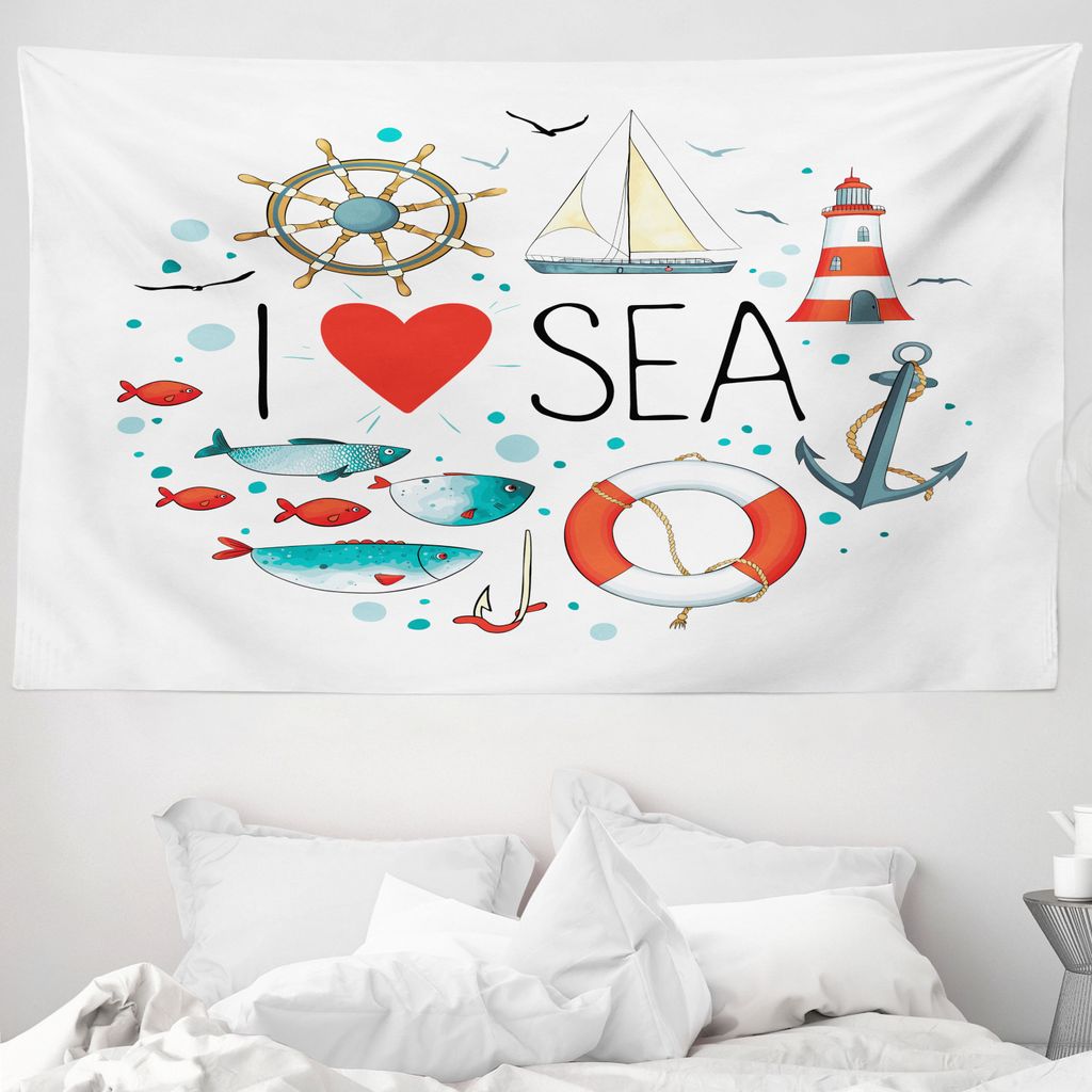 ABAKUHAUS Nautisch Wandteppich, I Love Sea Wörter aus Weiches Mikrofaser Stoff Waschbar ohne Verblassen Digitaldruck, 230 x 140 cm, Weiß Rot Blau
