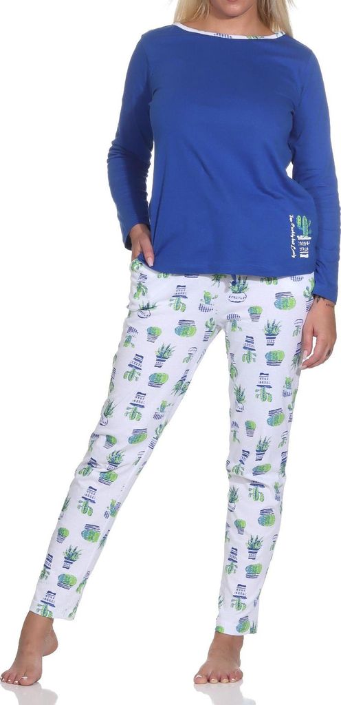 Normann Damen Schlafanzug Lang, Oberteil uni mit Kaktus als Motiv, Hose allover bedruckt ; blau , 48