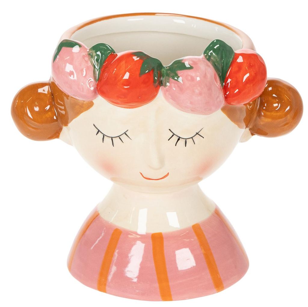 Blumentopf Mädchen Gesicht mit Erdbeeren Keramik Deko Produktbild 
