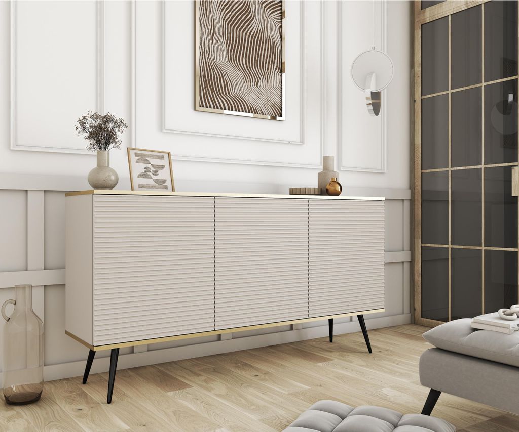 3-türig Kommode Gloss im glamour Stil Sideboard mit gerilltem Fronten Schrank mit Regalen 160 cm Breit modern Sideboard mit Schwarzenen Zusätzen,...