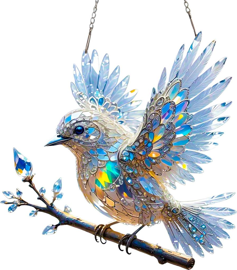 Blauvogel-Hängedekoration, Buntglaskunst, Vogel-Ornament, 2D, flacher Acryl-Anhänger für Fenster, Wand, Haus, Garten, Dekoration