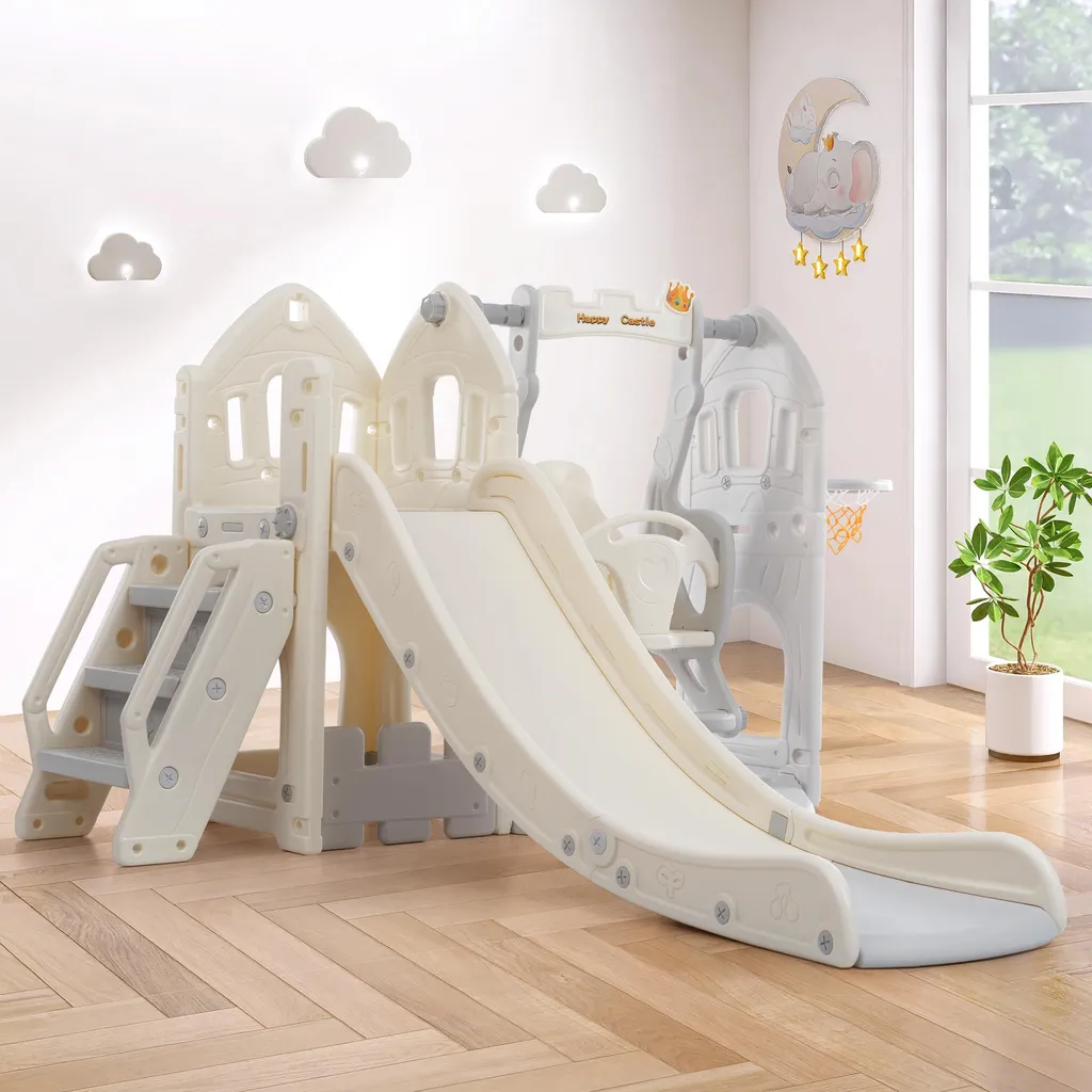 Toboggan pour enfant avec balançoire 5 en 1 et rangement Gris Antique