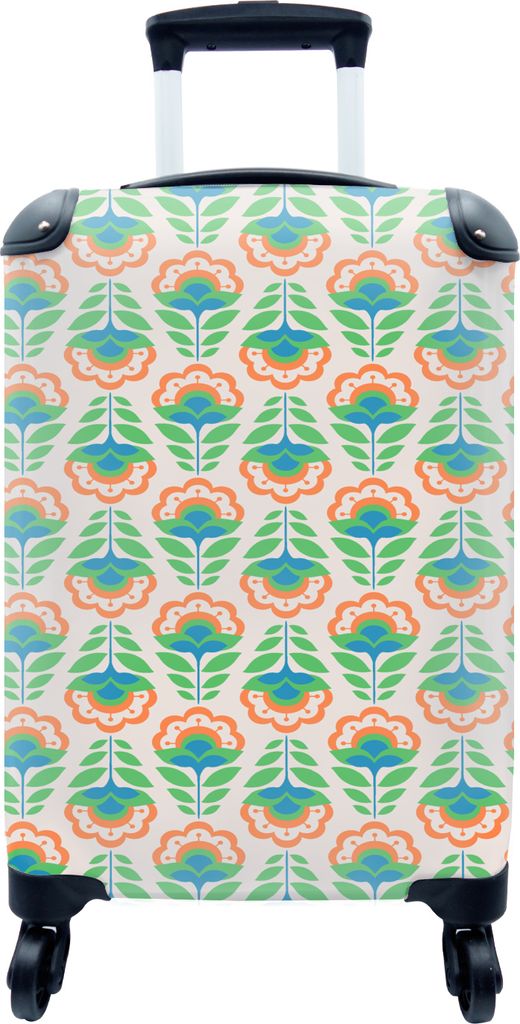 MuchoWow MuchoWow Koffer Handgepäck Trolley Rollkoffer Kleine Reisekoffer mit 4 Rollen - Retro - Blumen - Design - Grün - Orange - Cabin Size...