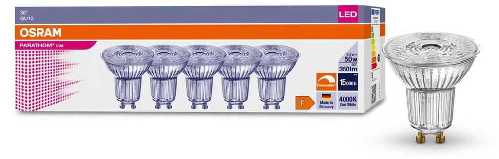 5er Pack Osram LED PAR16 Glas Reflektor 4,5W = 50W GU10 350 Produktbild 