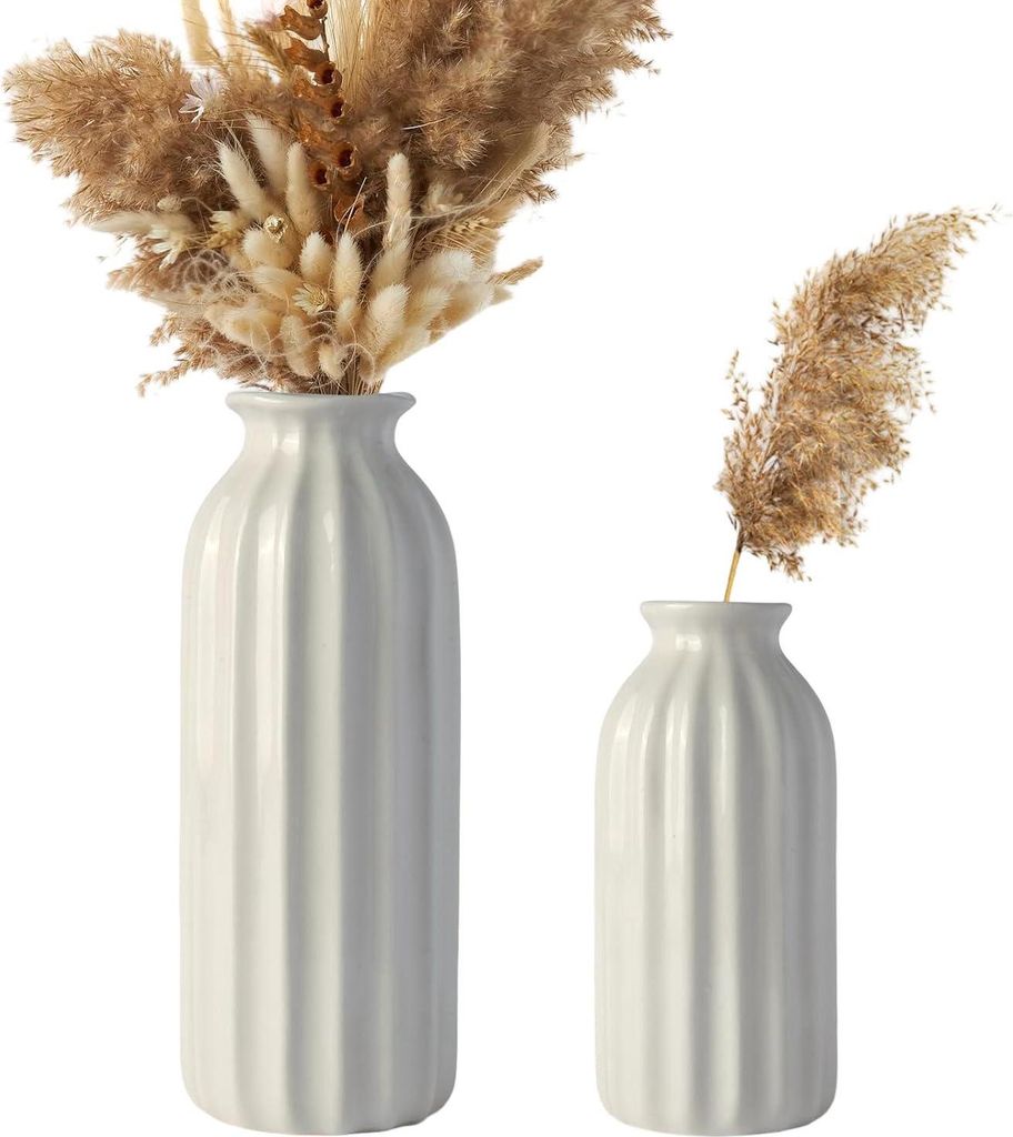 Keramikvase Set 2 Stück Gerippt im Boho-Stil Weiß