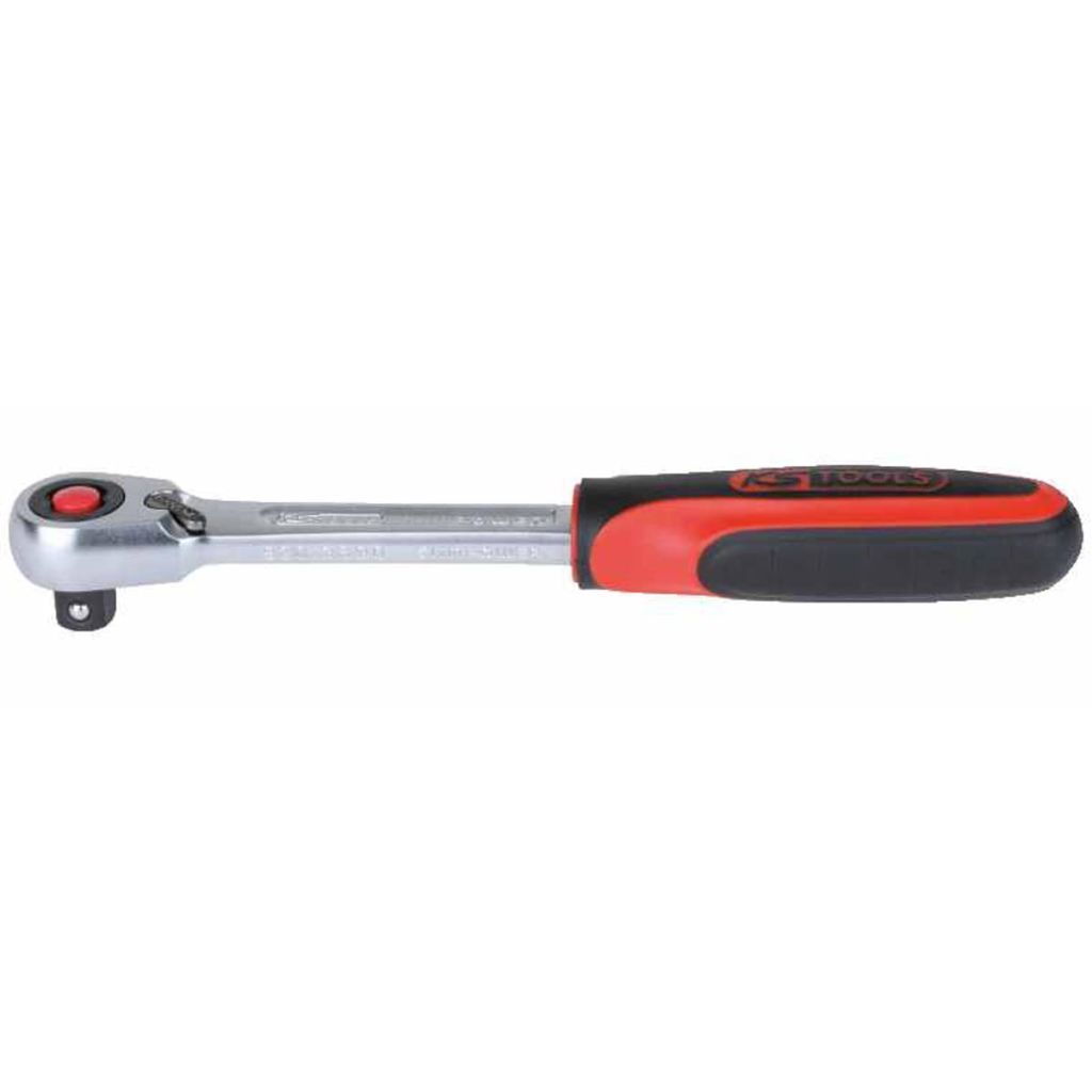 A professional studio shot of a ratchet wrench on a white background.