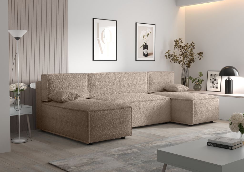Ecksofa Alvito U, Farbe: Hellbraun. Material: Bouclé. A: B: 290 cm,H: 85 cm,Tiefe: 105 cm, Eckcouch, Schlafcouch, Sofa bed, Schlafsofa