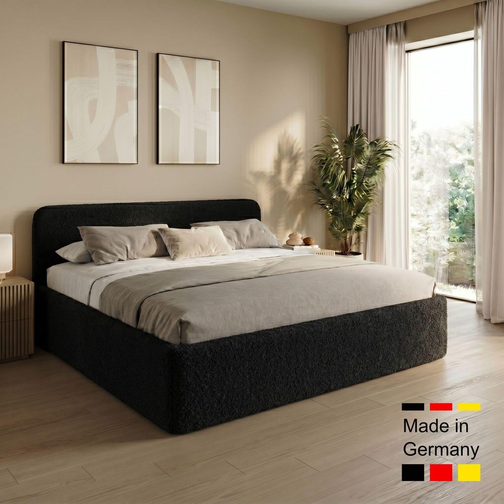Home Collective Polsterbett 200x200 cm Doppelbett Bett mit verstellbarem Lattenrost & Stauraum viele Größen verfügbar | Bouclé-Stoff | Schwarz