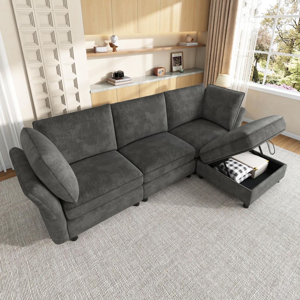 okwish Ecksofa 4-Sitzer mit Hocker und geschwungene Armlehnen, Modulares Wohnzimmersofa mit Stauraum, Kombisofa in Grau