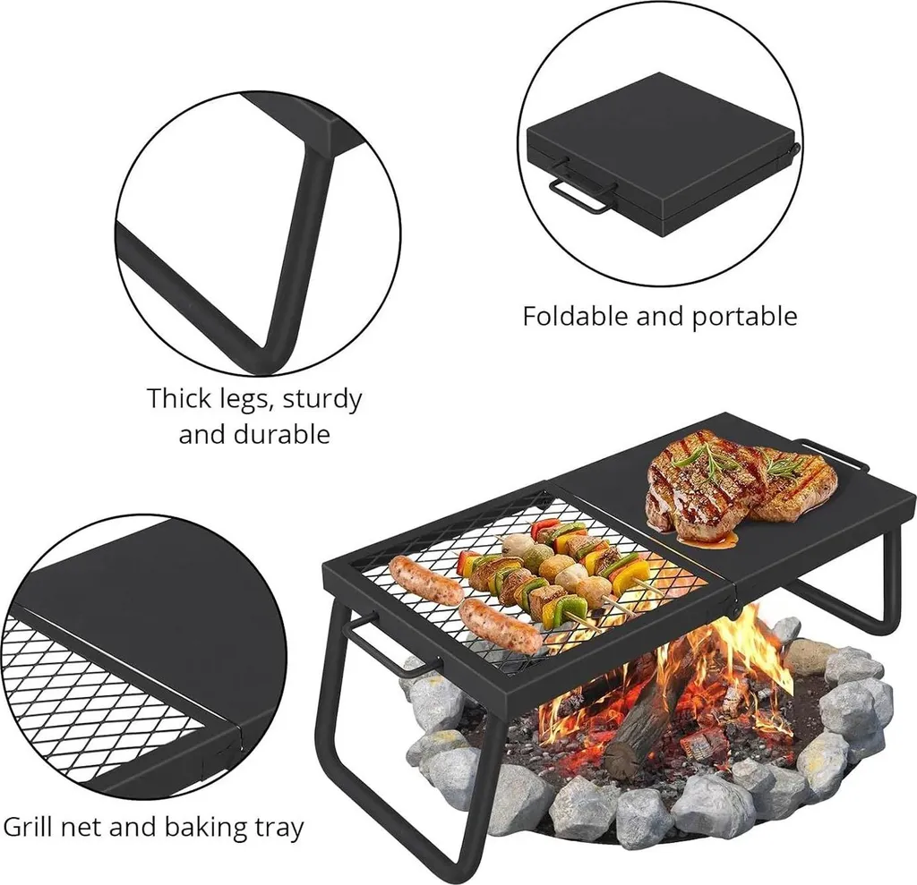 Barbecue pliable pour feu de camp - Grille de cuisson robuste en acier - 4