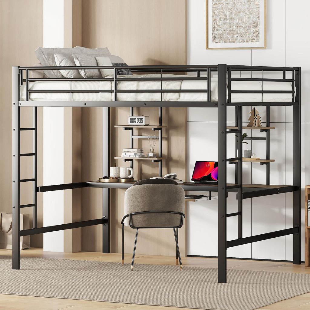 Hochbett 140x200, Metallbett mit Schreibtisch, Eisenbett schwarz, Doppelstockbett Erwachsene, Etagenbett mit Arbeitsplatz, Hochbett Regal, Loft Bet...