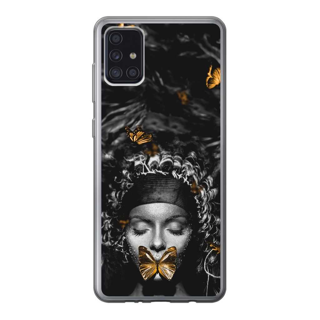 MuchoWow Handyhülle Schutzhülle Hülle für Samsung Galaxy A52 5G Frau - Schmetterlinge - Schwarz - Weiß Silikon Softcase Handy Hülle - Umschlag