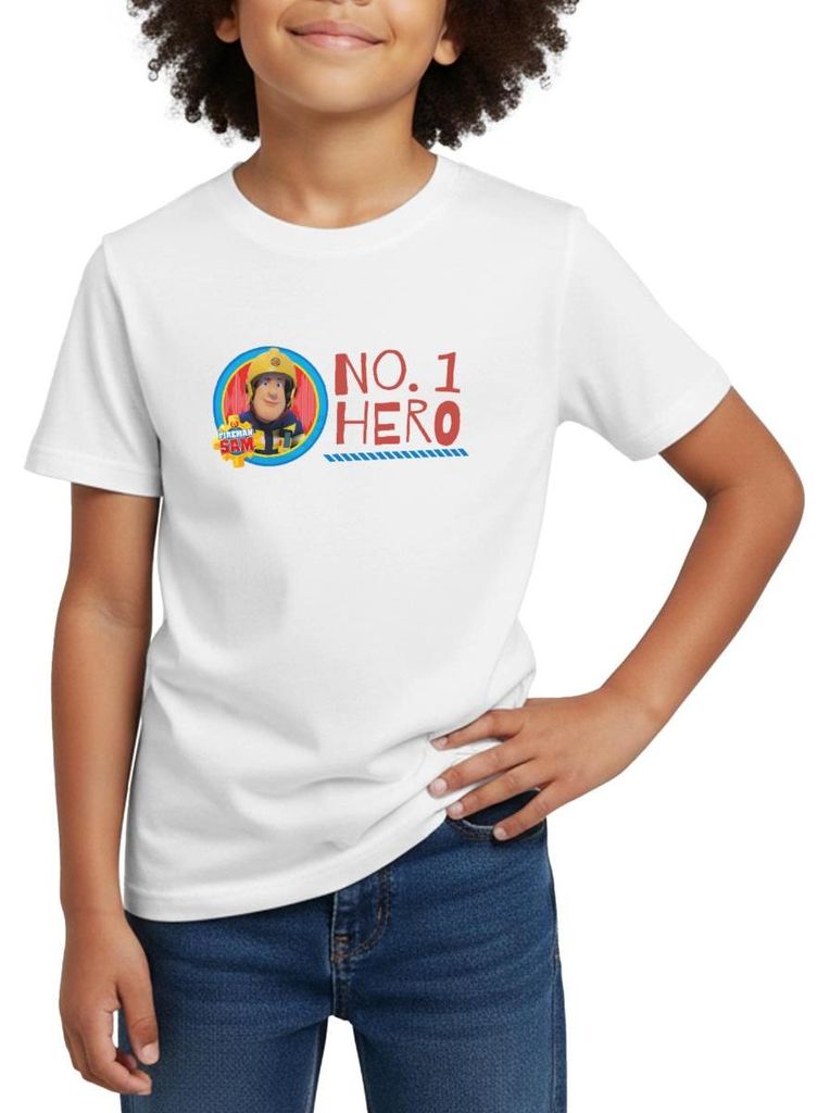 Spreadshirt Feuerwehrmann Sam No. 1 Hero Kinder T-Shirt, 98/104 (3-4 Jahre), Weiß