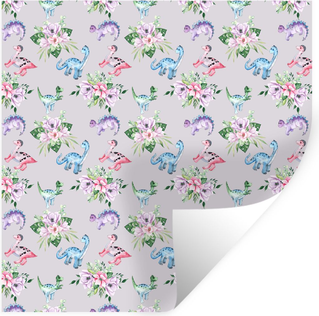 MuchoWow Wandtattoo Wandsticker Wandaufkleber Kinderzimmer - Dinosaurier - Blumenarrangements - Mädchen - Kinder - Rosa - Kinder 80x80 cm Selbst...