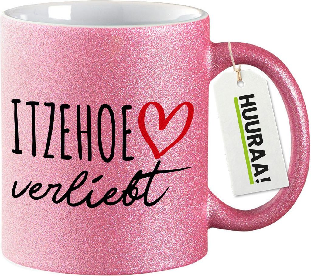 Huuraa Glitzertasse Itzehoe verliebt 330ml Pink Keramik Kaffeebecher Geschenkidee