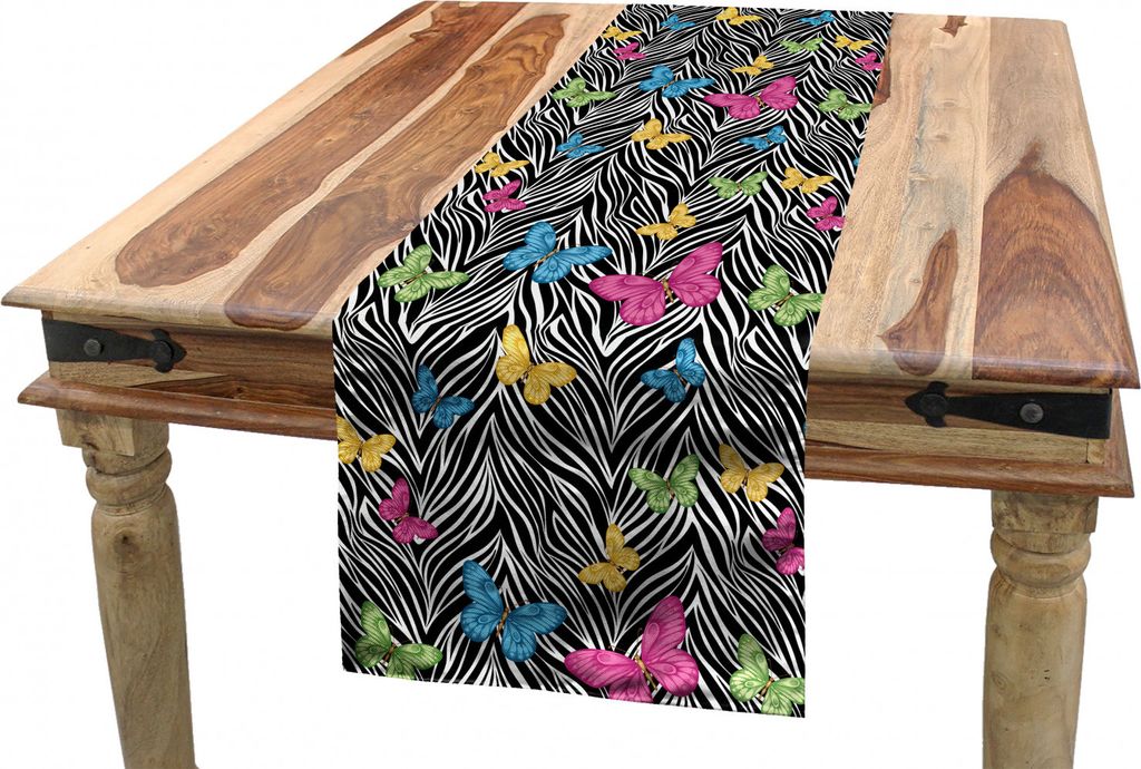 ABAKUHAUS Bunt Tischläufer, Schmetterlinge auf Zebra, Esszimmer Küche Rechteckiger Dekorativer Tischläufer, 40 x 180 cm, Blau Gelb Rosa