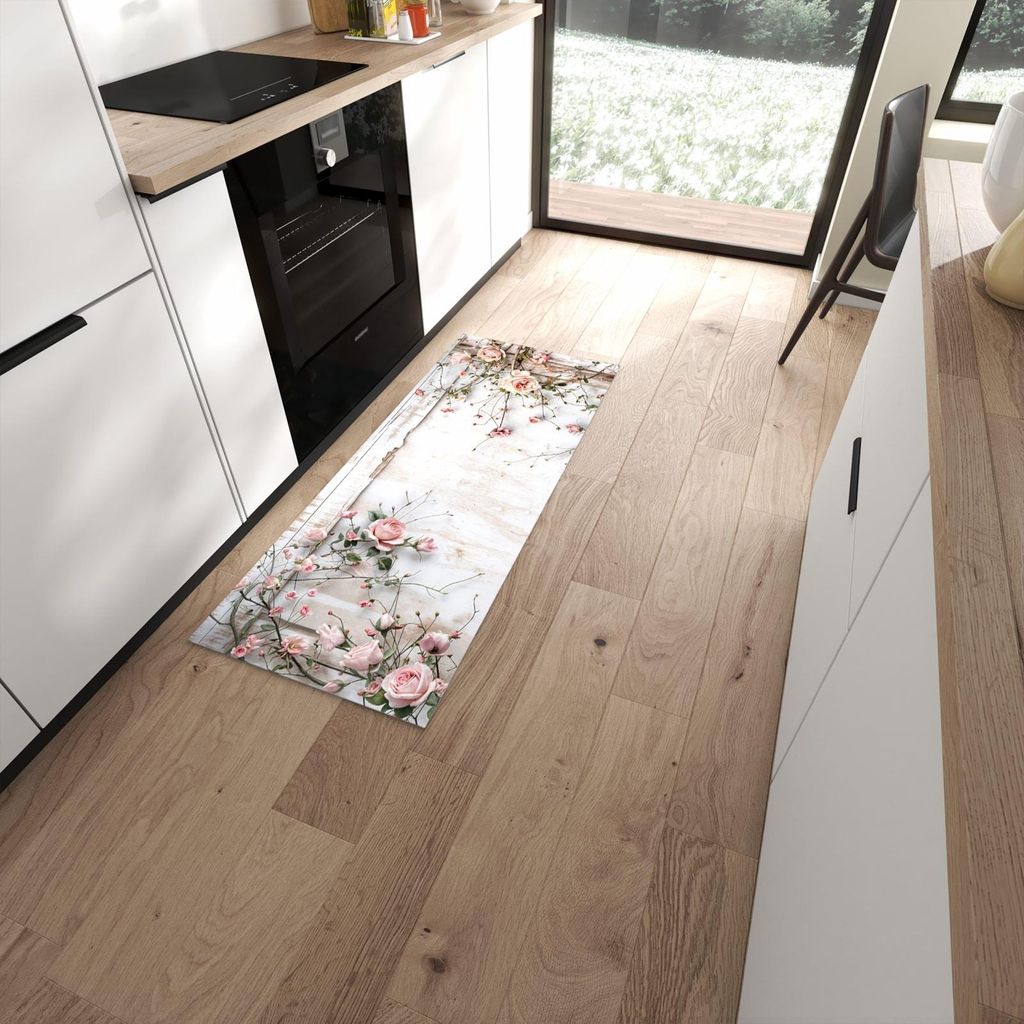 Küchenteppich 60x150cm rutschfest & abwischbar PVC Läufer - Rosenblüten Eleganz