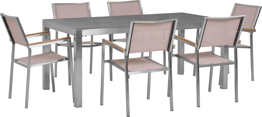 BELIANI Gartenmöbel Set Beige Grau Granit Edelstahl Tisch 180 cm Poliert 6 Stühle Terrasse Outdoor Modern