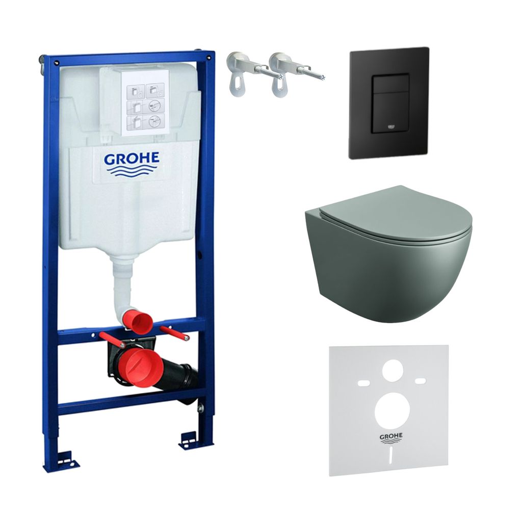 GROHE Vorwandelement Solido + Wand Hänge WC Sinto Grau Spülrandlos + WC-Sitz SoftClose | Schwarzer Knopf | Komplettset | Unterputz Spülkasten | ...