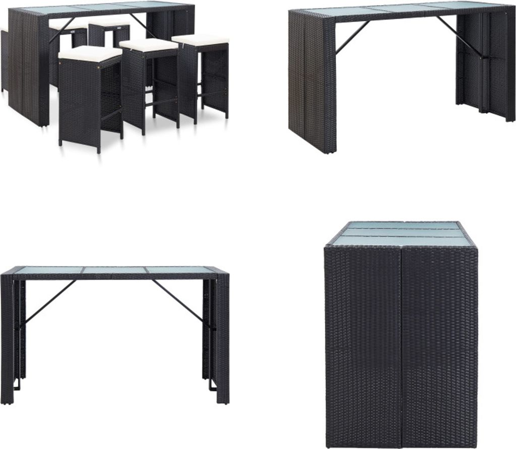 vidaXL 7 tlg. Gartenbar Set mit Auflagen Poly Rattan Schwarz - Gartenbar-Set - Gartenbar-Sets - Gartenmöbel - Bartisch Und Stühle