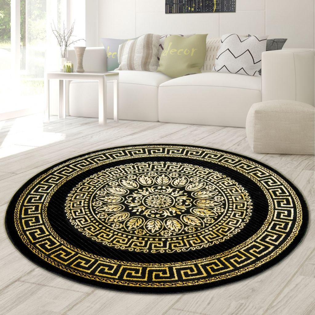 Teppich modern Designerteppich Mäander Muster in schwarz gold Größe - 200 cm Rund