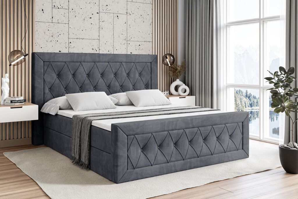 ALTDECOR Boxspringbett mit Fußteil - mit H3-Matratze (19 cm hoch) mit Bonellfederung + PUR, Topper (4 cm hoch), Polsterbett mit Kopfteil und Bett...