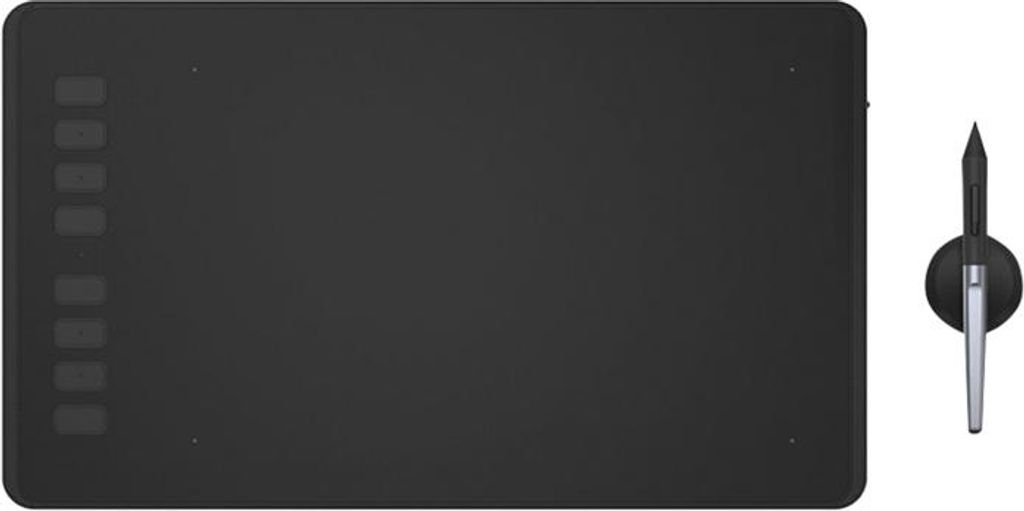 A black graphics tablet and stylus are shown on a white background.