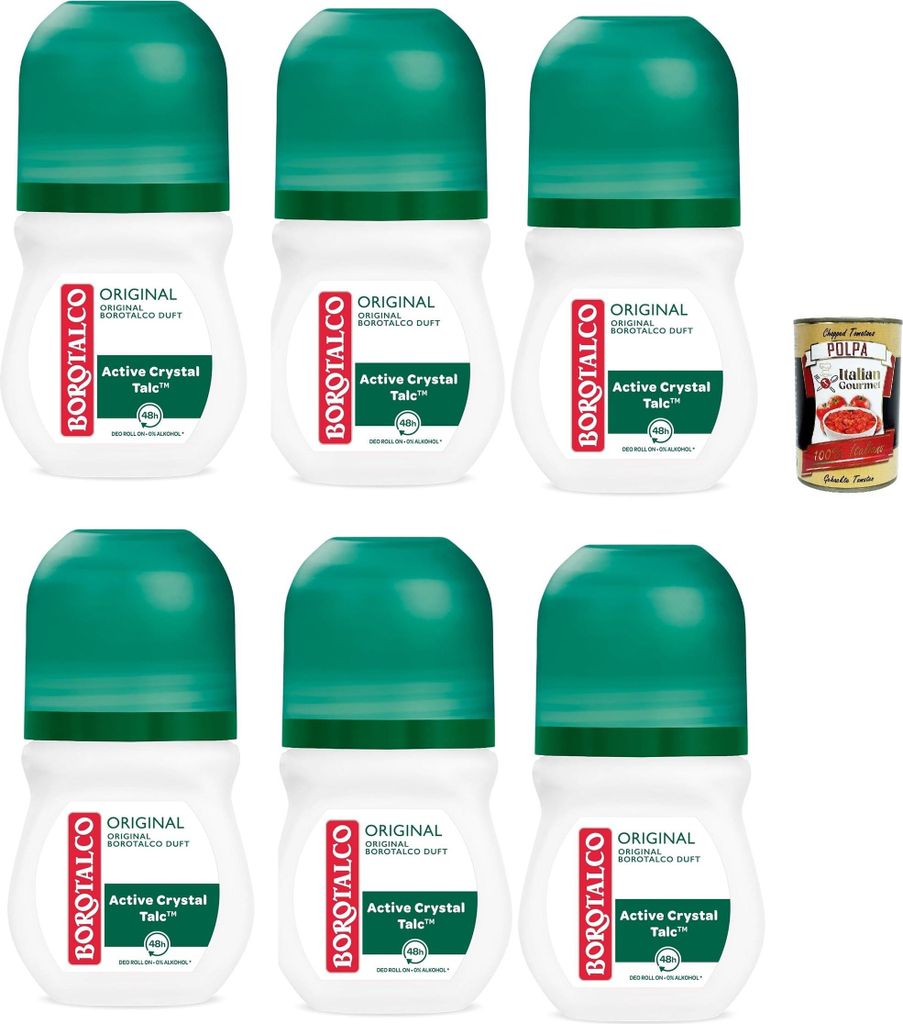Borotalco, Original Deo Roll-On mit Talkum mit aktiven Kristallen, dreifacher Trockenschutz, ohne Alkohol, Duft von Borotalco – 6 Stück à 50 ml...