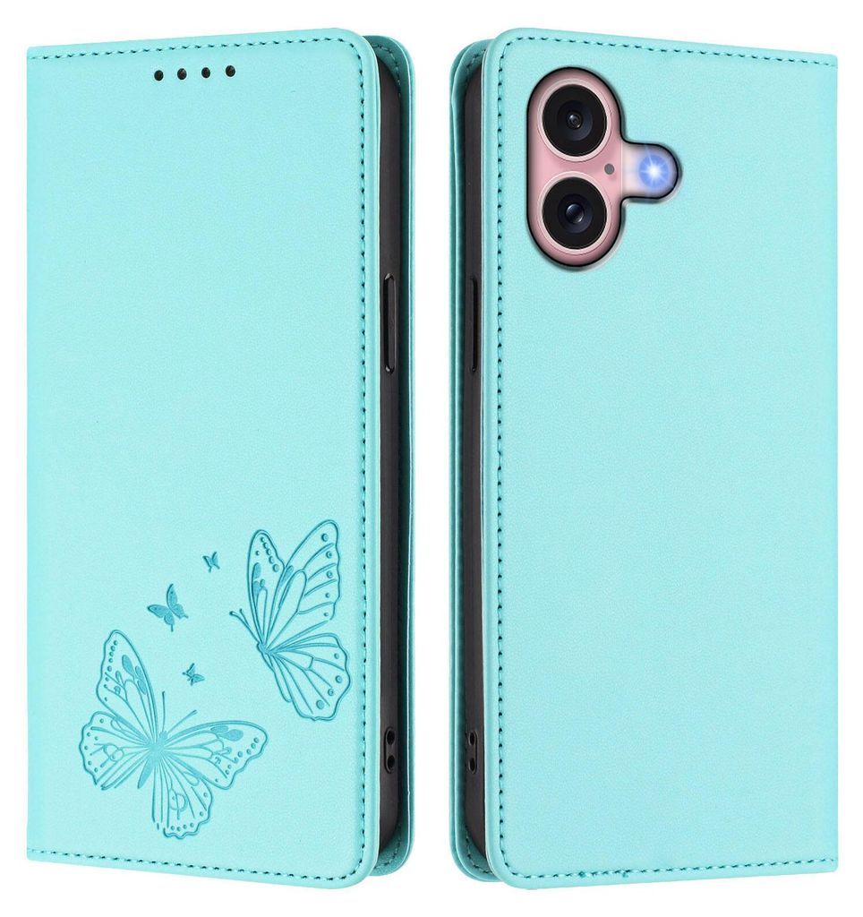 Lederhülle für iPhone 16, Schmetterling Prägung Leder Brieftasche Schutzhülle mit Ständer Türkis