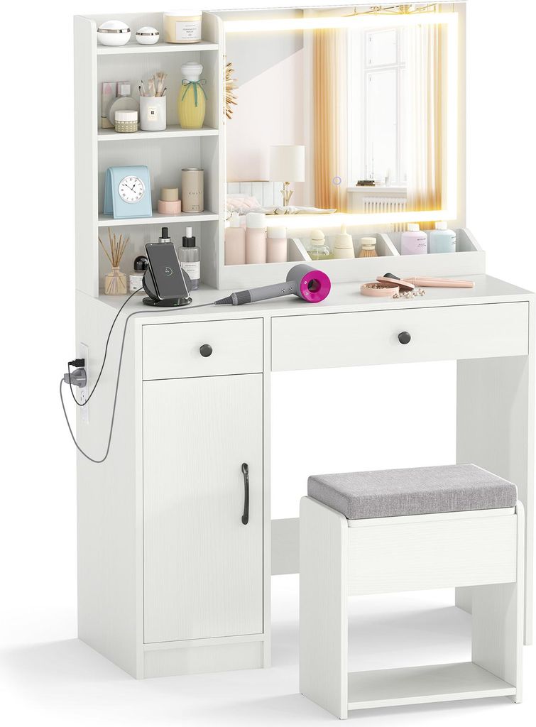COSTWAY Schminktisch, Frisierttisch-Set mit LED-Spiegel, Hocker, Steckdosen, Schrank, 2 Schubladen, 3 Regale & 3 Fächer Kosmetiktisch 90x40x135cm ...